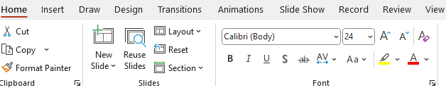 Home tab on PowerPoint with options to change font, size, and color of text