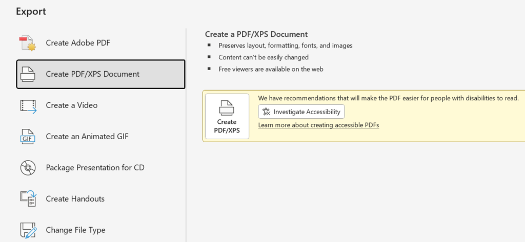 Create a PDF/XPS Document in PowerPoint