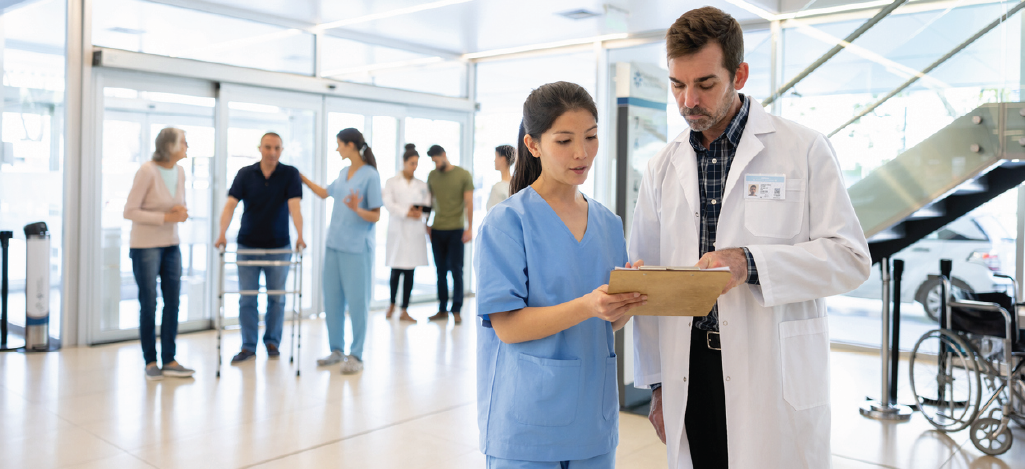 Group of doctors in a hospital attending to different patients, helping to prevent patient leakage.