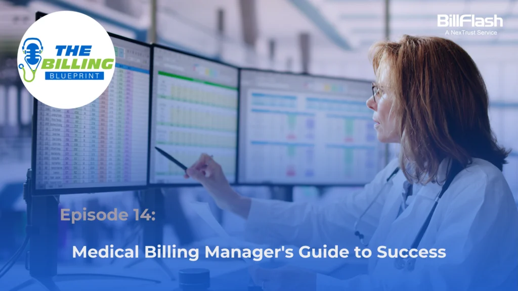 Medical Billing Manager looking at computer with text that says" Medical Billing Manager's Guide to Success."