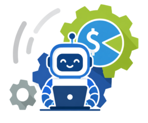 Animated image of a PayBot looking at a computer with a gear icon and a dollar sign