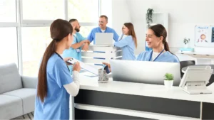 Office managers talking in a medical practice about the financial tightrope in healthcare