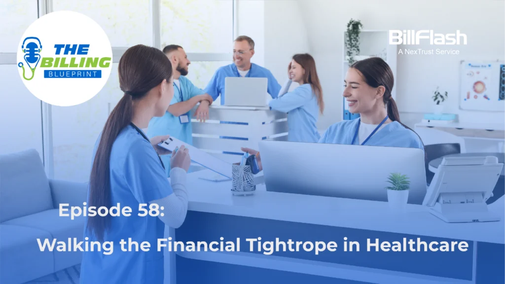 Office managers talking with text on the image saying "Walking the Financial Tightrope in Healthcare"