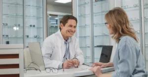 Choosing your optometry billing software - A male optometrist discussing payment options with his female client.